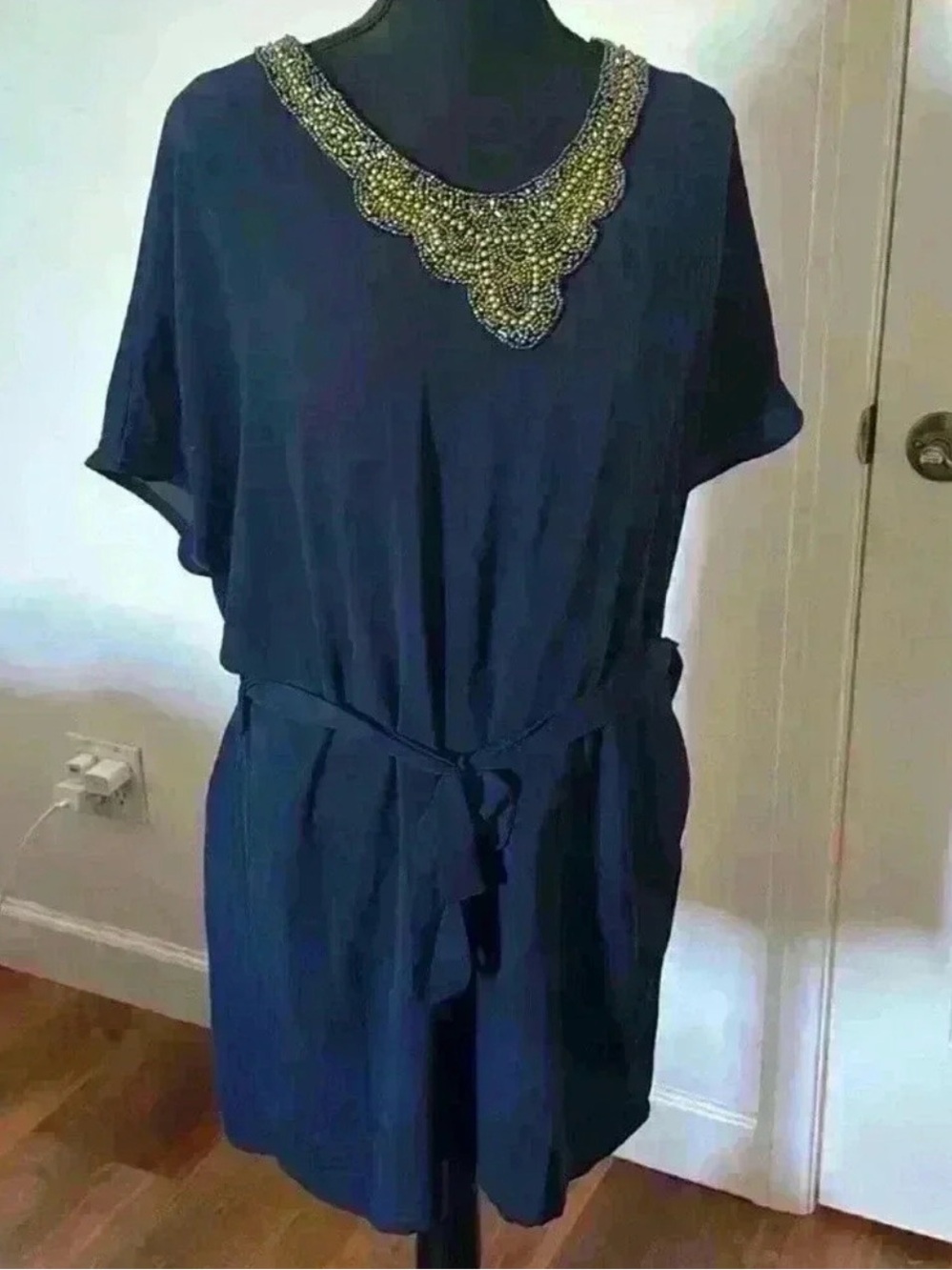 Millennium Navy Blue Beaded Scoop Neck Dress Large Short Sleeve Belted
